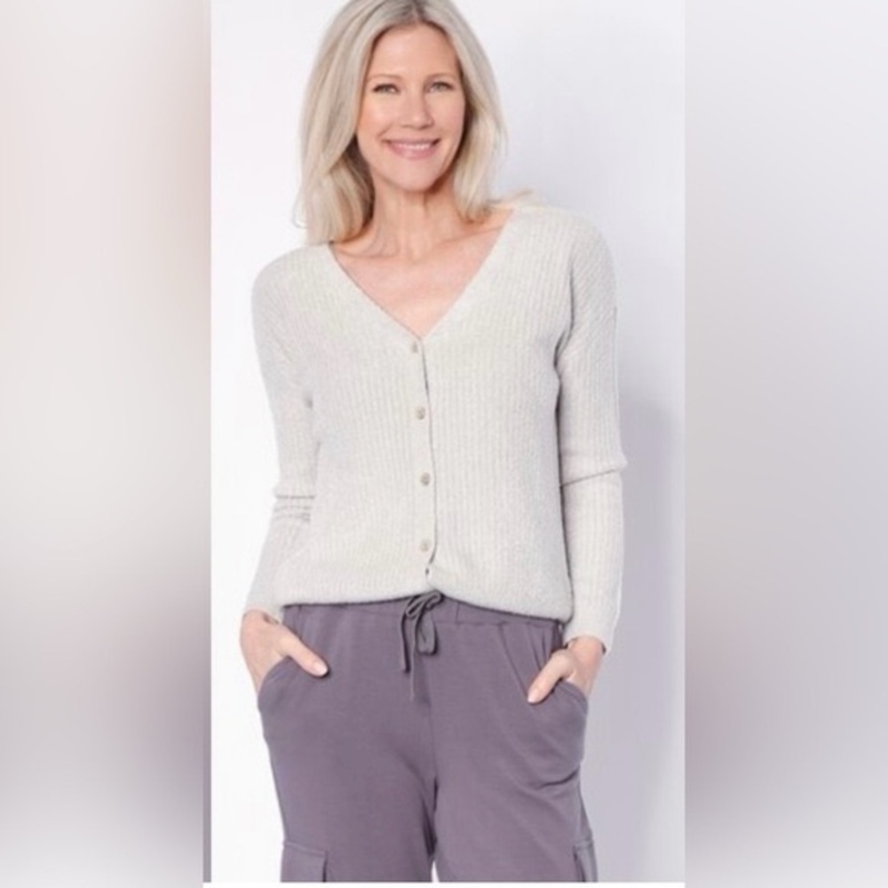 Barefoot Dreams Cropped Button Down Cardigan Sweater Size S Gray Long Sleeve